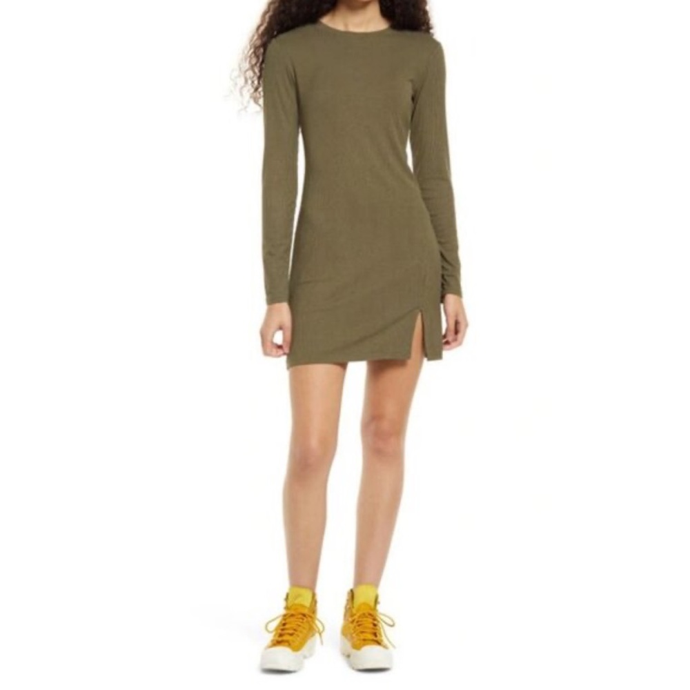 bp Olive Long-Sleeve Ribbed Mini Dress